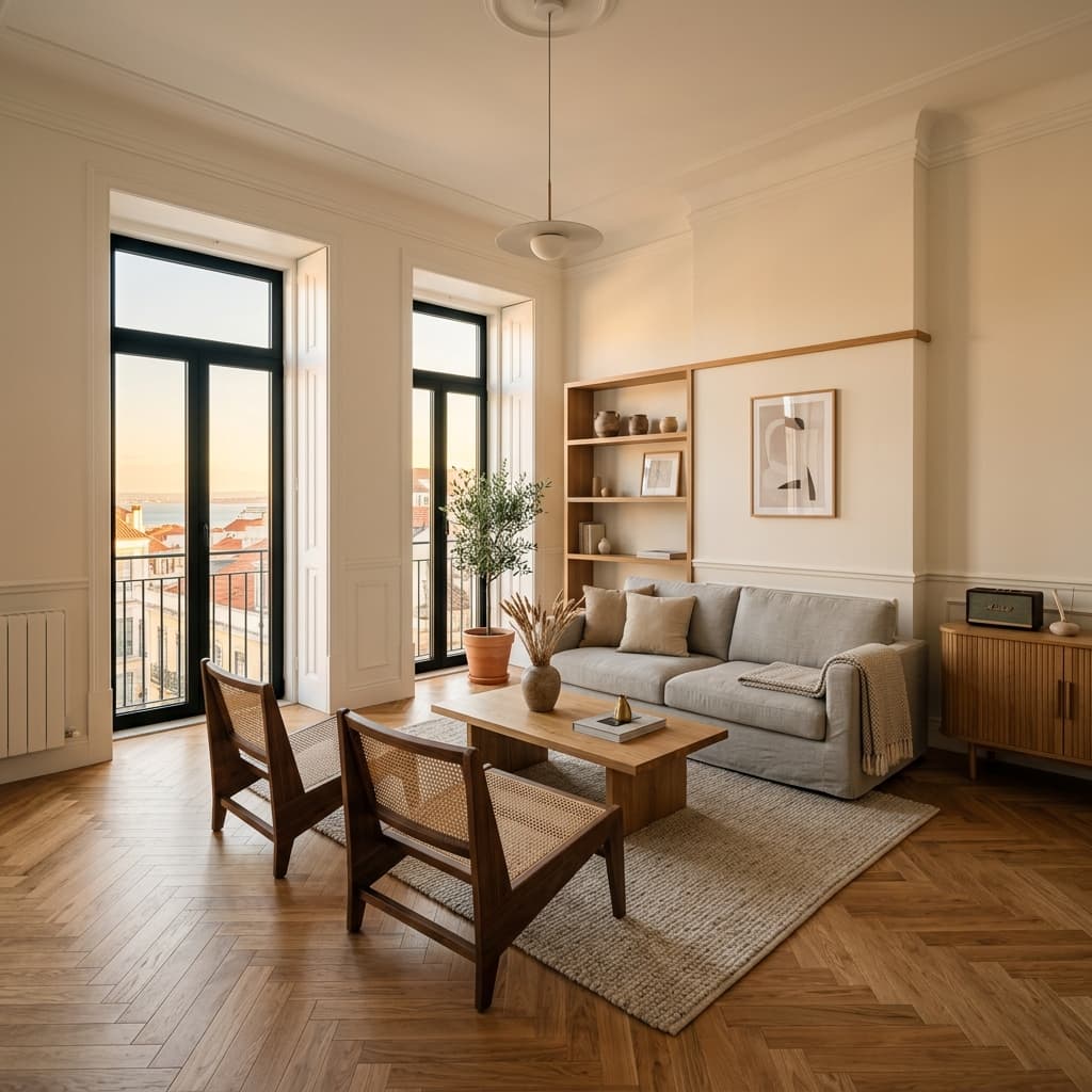 Sala renovada pela Okcasa em Lisboa e região - acabamento premium com pavimento em madeira e paredes impecáveis